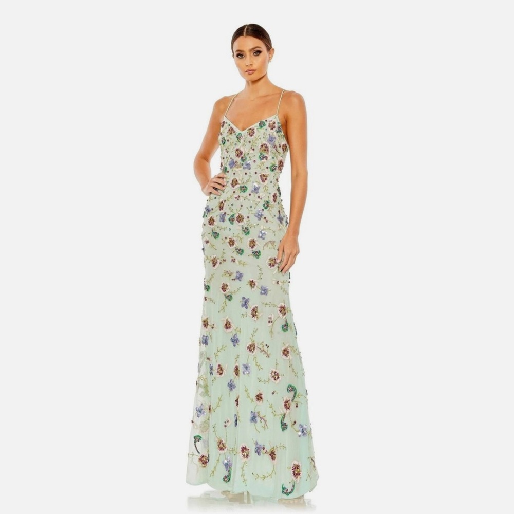 Mac Duggal Mint Green Embroidered Floral Prom Gown